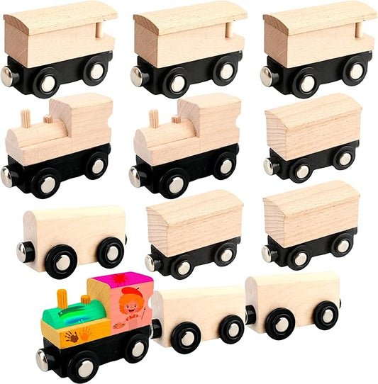 12 Pcs Wooden Trains Toys Unpainted Wood Train Cars Weak Magnetic Suction Paintable Wooden Railway for Kids Educational Toys Birthday Christmas Party Gifts (Style Set 3)
