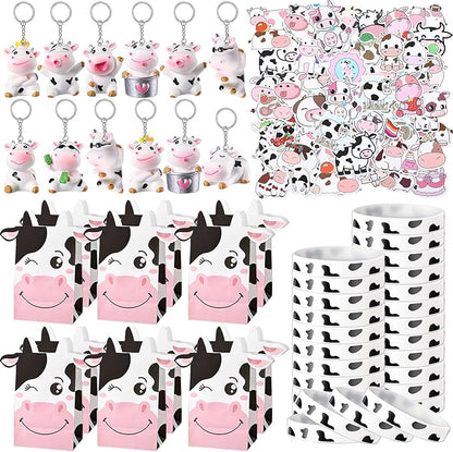122 Pcs Cow Party Favors Supplies Include Cow Keychains Cow Silicone Bracelets Cow Party Paper Bags Treat Bags Cow Vinyl Stickers for Girls Kids Cow Farm Animals Cowboy Birthday Party Supplies