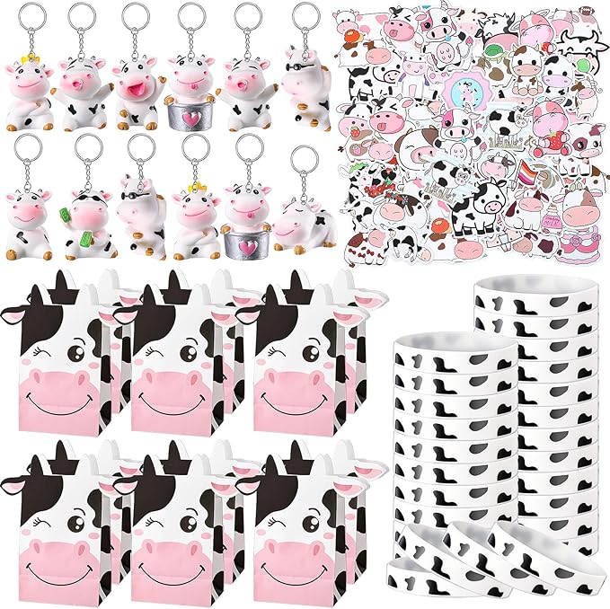 86 Pcs Cow Party Favors Supplies Include Cow Keychains Cow Silicone Bracelets Cow Party Paper Bags Treat Bags Cow Vinyl Stickers for Girls Kids Cow Farm Animals Cowboy Birthday Party Supplies