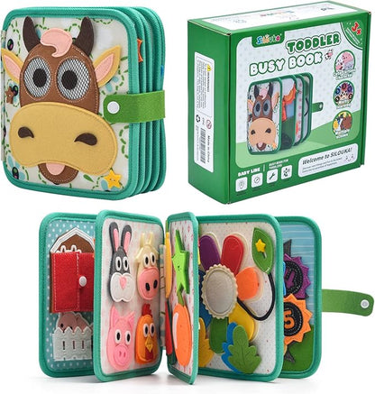 Montessori Busy Book for Toddlers 1-3, Felt Quiet Book & Busy Board for Preschool Learning, Fine Motor Skills & Sensory Play, Educational Travel Toy and Gift for Kids – Farm Animals Theme, Green