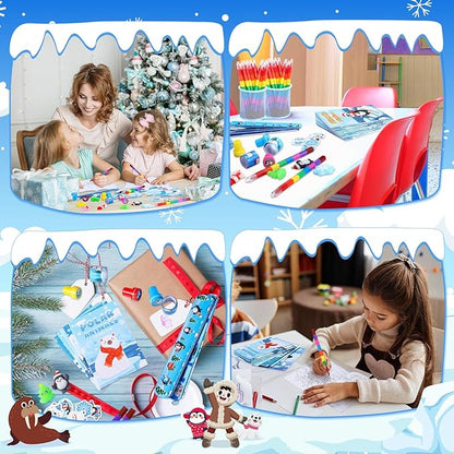 110 Pcs Winter Party Favors for Kids Polar Animals Coloring Books Crayons Slap Bracelets Mochi Stress Toys Stampers Stickers for Holiday Goodie Bags Stuffers Classroom Rewards Supplies