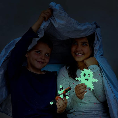 PLUS PLUS 70 Piece Interlocking Building Blocks for Kids, Open Ended Connecting Toys, STEM Bin Classroom Mini Manipulatives - Glow in The Dark Play Tube