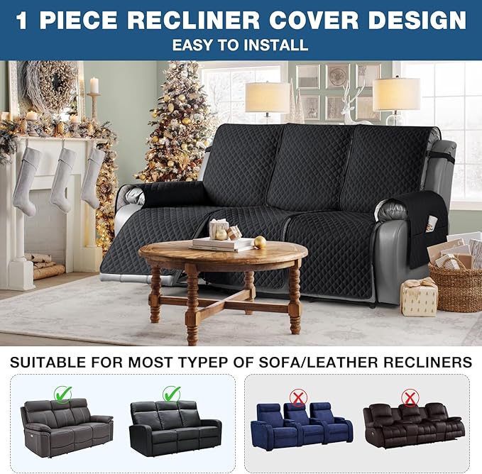 TAOCOCO Recliner Sofa Slipcover Couch Covers for 3 Cushion Couch, Pet Sofa Cover for 3 Seat Recliner Sofa, Washable Reclining Sofa Cover Furniture Protector with Elastic Straps(3 Seater, Black)