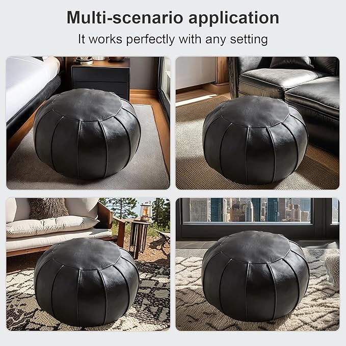 Louis Donné Unstuffed Ottoman Pouf Cover, Supersoft Handmade Faux Moroccan Decor, Small Bean Bag for Storage Solution, Foot Stool for Foot Rest, Footstools for Balcony Office Indoor 21dia Black