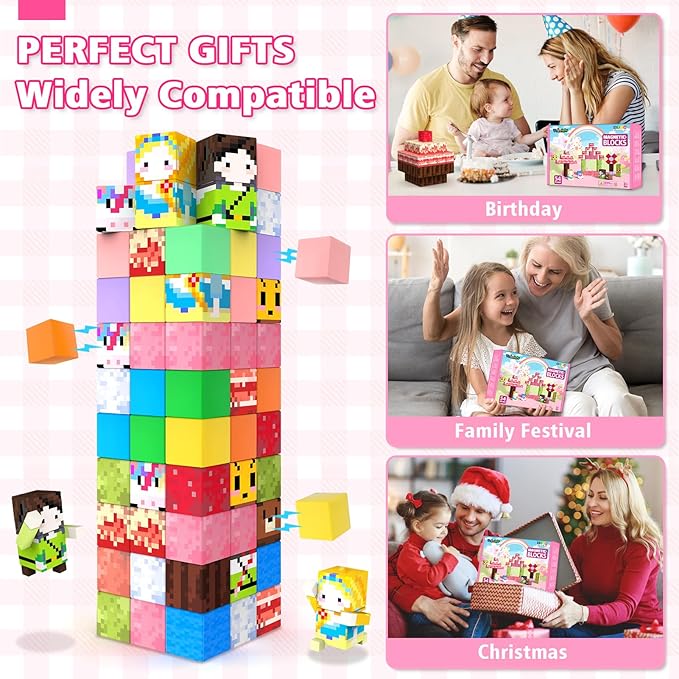 Feoxialy Magnetic Blocks for Kids Ages 3-5,54pcs Candy Magnetic Building Blocks Pink Magnet Cubes Sensory Creative Learning Toys Gifts for Toddlers Ages 4-8 5 6 7+Year Old Girls Birthday Christmas