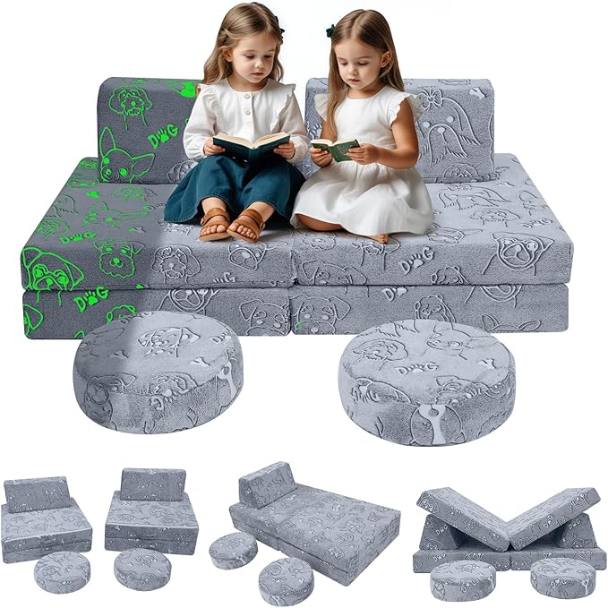 MeMoreCool Glow-in-The-Dark Dog Pattern Kids Play Couch, 8-Piece Modular Fold-Out Toddler Sofa for Playroom Fun