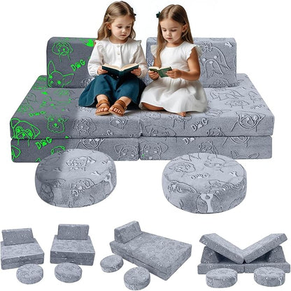 MeMoreCool Glow-in-The-Dark Dog Pattern Kids Play Couch, 8-Piece Modular Fold-Out Toddler Sofa for Playroom Fun