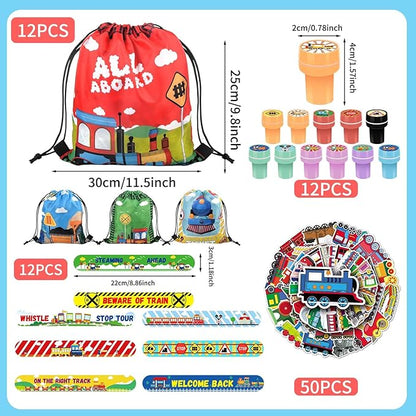 98 Pcs Train Party Favors,Train Print Party Supplies Include Stickers Stamps Keychains Slap Bracelets and Drawstring Bags Party Decorations for Kids TrainTheme Birthday supplies (A-Train)