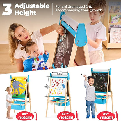 All-in-One Art Easel for Kids with 2 Paper Rolls & Deluxe Accessories, Adjustable Magnetic Double Sided Whiteboard & Chalkboard, Painting Kid Easel for Toddlers 2-8, Ideal Christmas Gift