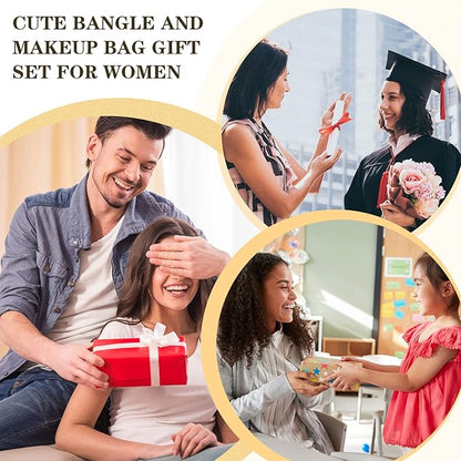 8 Pcs Teacher Appreciation Gift Set for Women, 4 Teacher Makeup Pouch Cosmetic Bags and 4 Bangle Bracelets, Christmas Valentines Thank You Gifts for Teacher (Best Teacher Ever)