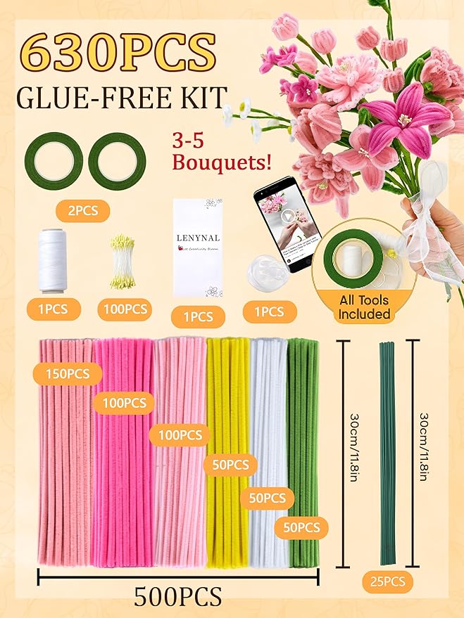 LENYNAL 500 Pcs Pastel Pipe Cleaners Craft Bulk, Pink Pipe Cleaner Flower Kit, Glue-Free & Safe for Kids, Step-by-Step Tutorial, 6 Colors Chenille Stems for Flower Making