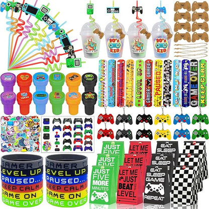 159 Pcs Video Game Party Favors, Gamer Gaming Party Favors - Drinking Straws Cups Slap Bracelets Keychains Gift Tags Stamps Stickers Gift Bags for Game On Birthday Party Favor Supplies
