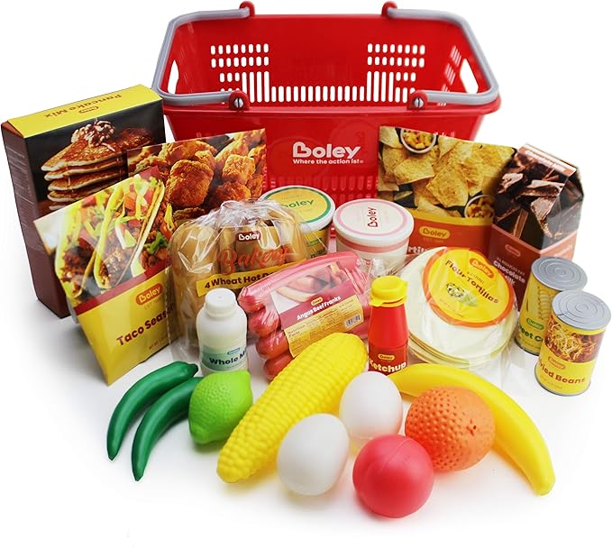 Boley Shopping Basket Toy - Pretend Grocery Shopping Play Set with 24 Realistic Play Food Items - Fruits, Vegetables, Drinks, Meats - Educational and Durable - for Kids and Toddlers Ages 3 and Up