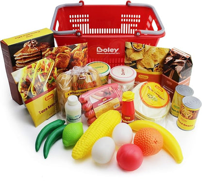 Boley Shopping Basket Toy - Pretend Grocery Shopping Play Set with 24 Realistic Play Food Items - Fruits, Vegetables, Drinks, Meats - Educational and Durable - for Kids and Toddlers Ages 3 and Up