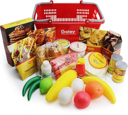 Boley Shopping Basket Toy - Pretend Grocery Shopping Play Set with 24 Realistic Play Food Items - Fruits, Vegetables, Drinks, Meats - Educational and Durable - for Kids and Toddlers Ages 3 and Up