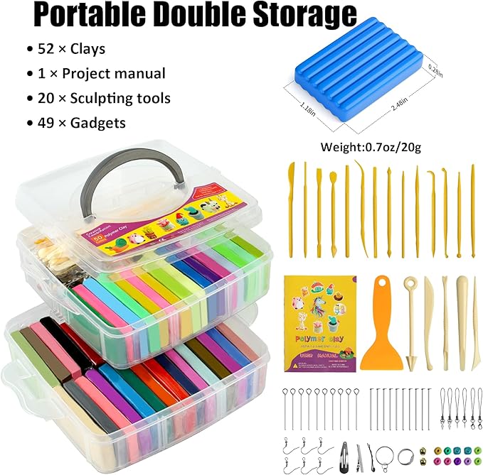 Polymer Clay 52 Colors, Modeling Clay for Kids, Non-Sticky Oven Bake Clay with Sculpting Tools and Accessories, Halloween Christmas Gift for Children and Artists.
