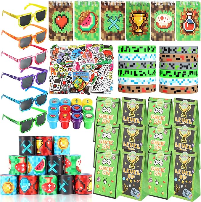 LiYiQ 122 Pcs Video Game Party Favors With Video Game Sunglasses Slap Bracelets Notebook Stamps Stickers and Gift Bag for Video Game Gamer Birthday Party Supplies