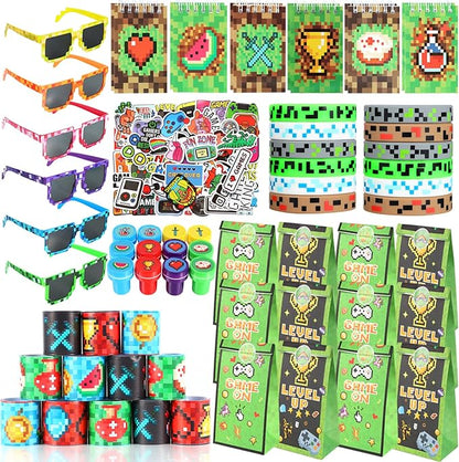 LiYiQ 122 Pcs Video Game Party Favors With Video Game Sunglasses Slap Bracelets Notebook Stamps Stickers and Gift Bag for Video Game Gamer Birthday Party Supplies