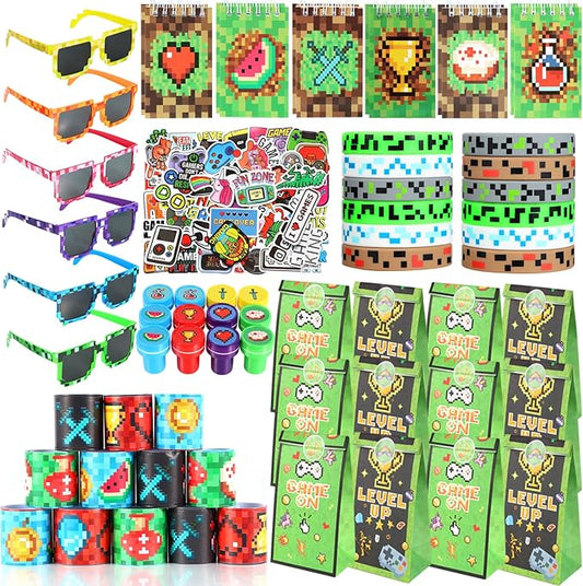LiYiQ 122 Pcs Video Game Party Favors With Video Game Sunglasses Slap Bracelets Notebook Stamps Stickers and Gift Bag for Video Game Gamer Birthday Party Supplies