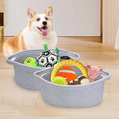 ABenkle Small Basket, 12"x 8" x 5" Cute Small Woven Basket, Rope Room Shelf Storage Basket, Cat Dog Toys Basket Chest Box, Decorative Empty Gift Basket with Handles - All Gray