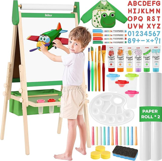 All-in-One Art Easel for Kids with 2 Paper Rolls & Deluxe Accessories, Adjustable Magnetic Double Sided Whiteboard & Chalkboard, Painting Kid Easel for Toddlers 2-8, Ideal Christmas Gift