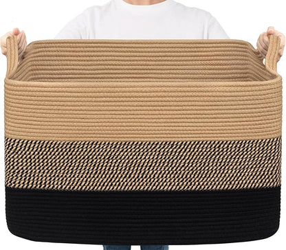 Goodpick Large Woven Blanket Basket 23.6" x 15.7" x 13.8" Cotton Rope Storage Organizer for Dirty Clothes Pillows Toys, Rectangle Wicker Laundry Basket with Handles, Black & Jute Mix