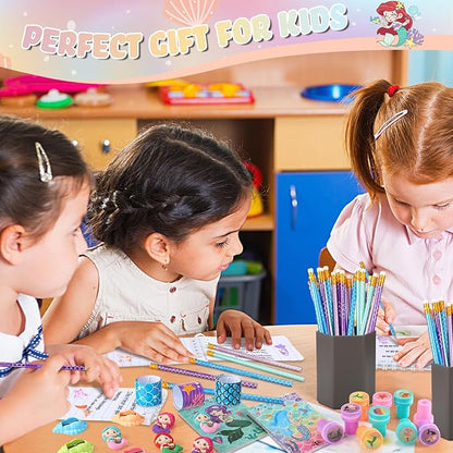 Colarr 161 Pcs Mermaid Party Favor Mermaid School Stationery Set Includes Gift Cup Notebook Pencil Sharpener Eraser Keychain Stamp Slap Bracelet Sticker Card for Mermaid Birthday Supplies
