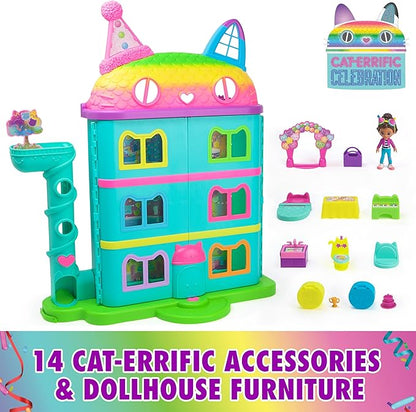 DREAMWORKS GABBY'S DOLLHOUSE, 14 Pc Celebration Dollhouse, 25-Inches Tall, with Toy Figures, Doll House Furniture & 10 Sounds, Kids Toys for Girls & Boys Ages 3+