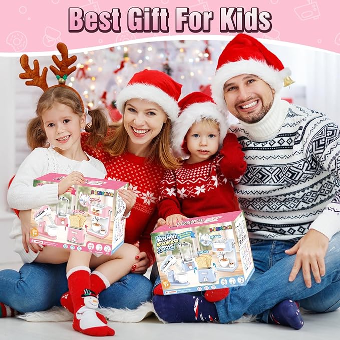 Pretend Play Kitchen Appliances Toy Set with Realistic Coffee Maker Machine, Toaster, Mixer and Blender, Kids Kitchen Playset with Sound & Light for Kids Age 3–5 4-8