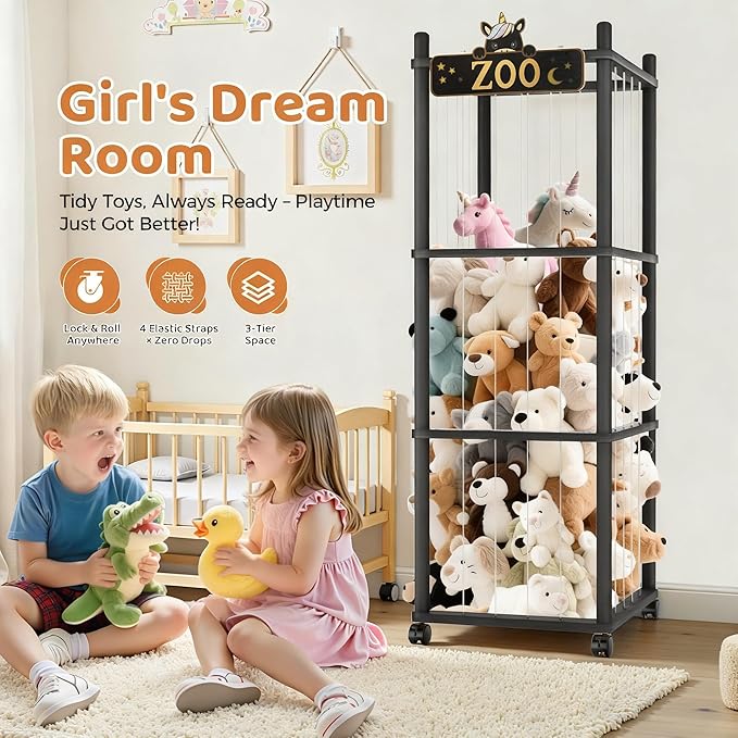 Stuffed Animal Storage Zoo Tower,56In Wooden Large Stuffed Animal Holder Organizer with Wheels,Stuffy Plushies Storage with Elastic Band&Mesh Bottom,Toy Storage Organizers for Playroom Nursery（Black）