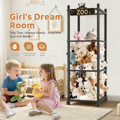 Stuffed Animal Storage Zoo Tower,56In Wooden Large Stuffed Animal Holder Organizer with Wheels,Stuffy Plushies Storage with Elastic Band&Mesh Bottom,Toy Storage Organizers for Playroom Nursery（Black）