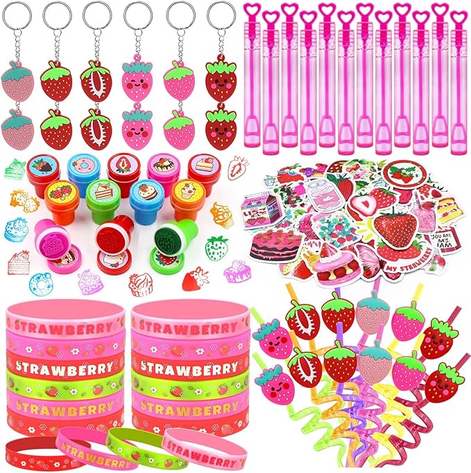 110 PCS Strawberry Party Favors Set - Berry Birthday Supplies for Kids Girls Includes Drinking Straws, Keychains, Silicone Bracelets, Sticker Strawberry Pinata Filler Goodie Bag Fillers