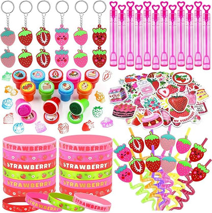 110 PCS Strawberry Party Favors Set - Berry Birthday Supplies for Kids Girls Includes Drinking Straws, Keychains, Silicone Bracelets, Sticker Strawberry Pinata Filler Goodie Bag Fillers