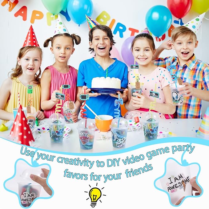 LiYiQ 292 Pcs Video Game Party Favors With Reusable Drinking Straws Cups Slap Bracelets Keychains Gift Tags Stamps Stickers and Twist Ties for Gamer Birthday Party Supplies