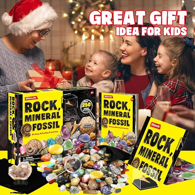 Rocks Minerals & Fossils Collection for Kids 250+ Real Gemstones and Crystals Rock Identification Kit includes Display Case, Genuine Fossils, Geodes Great Geology, Science Gift for Boys & Girls