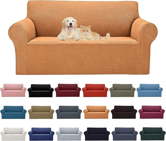 2025 New Stretch Loveseat Sofa Slipcovers Couch Cover for 2 Cushion Furniture Protector Sofa Covers with Elastic Bottom Jacquard Fabric Small Checks for Pets, Kids - Golden