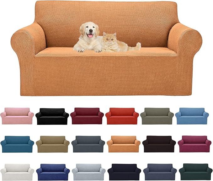 2025 New Stretch Loveseat Sofa Slipcovers Couch Cover for 2 Cushion Furniture Protector Sofa Covers with Elastic Bottom Jacquard Fabric Small Checks for Pets, Kids - Golden