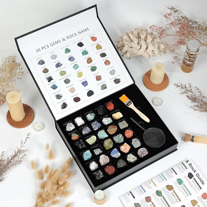 Rock Collection for Kids - 30 Pcs Rocks, Gemstones & Crystals Kit with Learning Guide,Mineral Education Set Geology Science STEM Toys, Earth Science Activity,Gifts for Boys & Girls