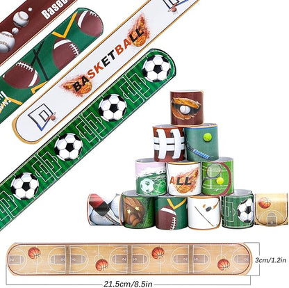 72PCS Sport Slap Bracelets Wristband Sport Party Favors Set, Sport Birthday Party Match Supplies Classroom Prizes, Sports Themed Bracelets for Kids and Adults, 12 Patterns