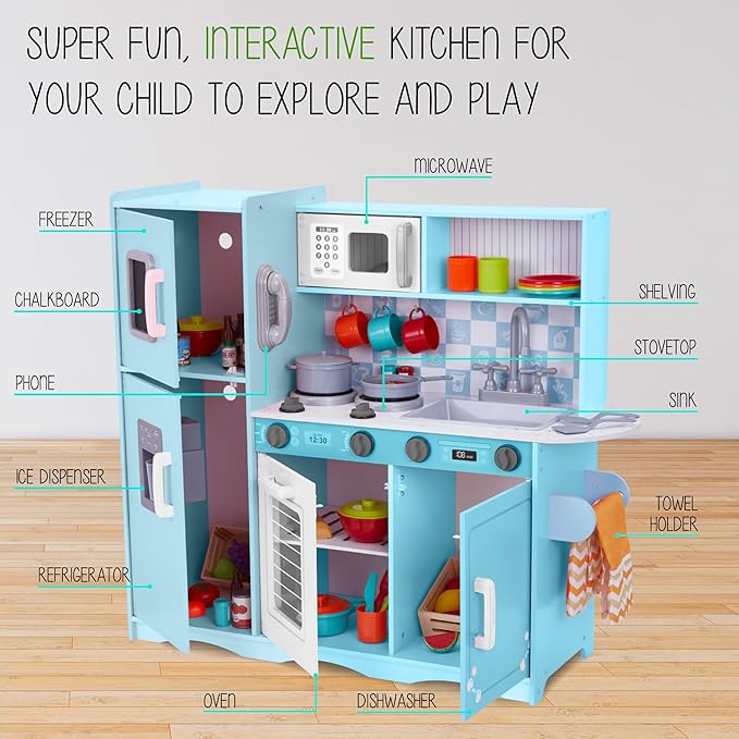 Lil' Jumbl Kids Kitchen Set, Pretend Wooden Play Kitchen with Chalk Board, Play Phone, Towel Rack & Ice Dispenser, Clicking Knobs, Pots & Utensils Included - Blue