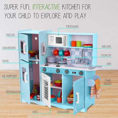Lil' Jumbl Kids Kitchen Set, Pretend Wooden Play Kitchen with Chalk Board, Play Phone, Towel Rack & Ice Dispenser, Clicking Knobs, Pots & Utensils Included - Blue