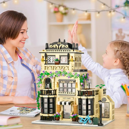 Flowers City Coffee Shop Building Sets for Adult,Cafe House Architecture Collection Toys with LED,Home Office Decor Model,Christmas Birthday Gift for Boys Girls 8+(1443PCS)