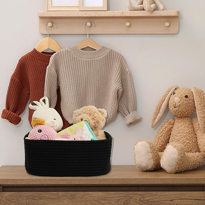 XUANGUO Small Woven Storage Baskets 13“X9”X5“ Decorative Rope Bins for Organizing Shelves, Closets, and Toys, Empty Gift Baskets, Cute Organizer Basket for Home and Office (black, Large)