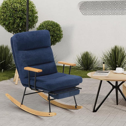 Rocking Chair with Footrest-Glider Rocker Chair with Retractable Footrest and Adjustable Backrest, Teddy Upholstered Rocking Chair, Modern Accent Chair for Living Room/Nursery/Bedroom/Outdoor-Blue