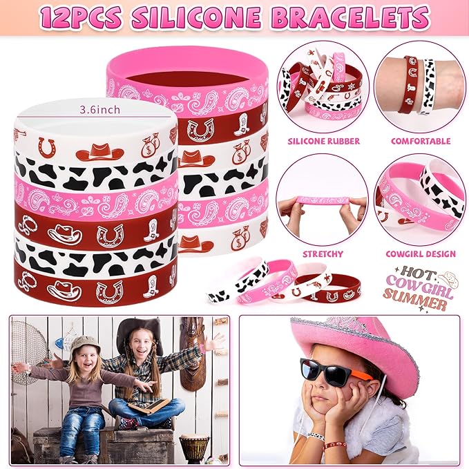 110Pcs Cowgirl Party Favors Hot Pink Princess Birthday Supplies for Girls, Cowgirl Straws Necklace Bubble Wands Silicone Bracelet Western Tattoo Stickers Rodeo Hot Pink Horse Party Favors