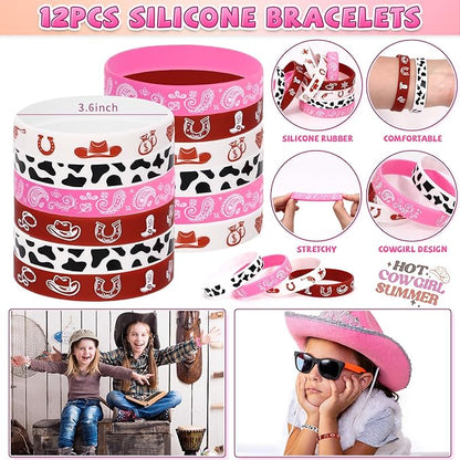 110Pcs Cowgirl Party Favors Hot Pink Princess Birthday Supplies for Girls, Cowgirl Straws Necklace Bubble Wands Silicone Bracelet Western Tattoo Stickers Rodeo Hot Pink Horse Party Favors