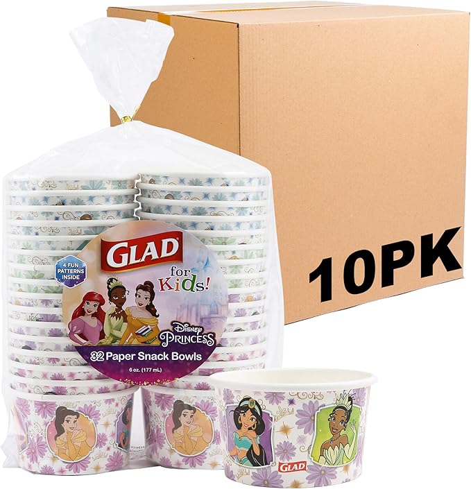 Glad for Kids Princess 6oz Paper Snack Bowls, Lids Not Included | Princess Paper Snack Bowls, Kids Snack Bowls | 6oz Paper Snack Bowls, 32 Count - 10 Pack