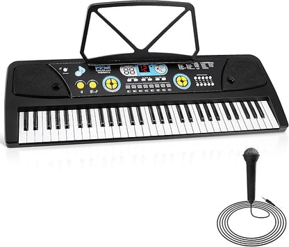 Electric Keyboard Piano 61 Keys - Portable Digital Musical Karaoke Piano Keyboard -10 Rhythms 16 Tones, Stereo Speakers, Rechargeable Battery - Wired Microphone - Beginners Kids Adult - Pyle PKBRD6112