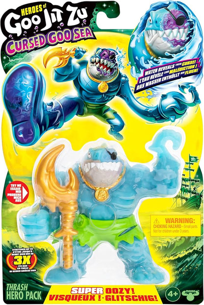 Heroes of Goo Jit Zu Cursed Goo Sea | Super Oozy, Goo Filled Toy Thrash Action Figure Hero Pack | with Color Changing Face That Reveals His Curse | Stretch Him 3 Times His Size