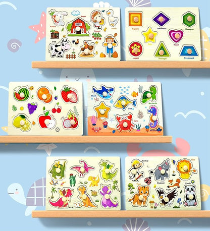 Wooden Peg Puzzles for Toddlers,Montessori Toddler Puzzles for Child,Fine Motor Skill Learning Puzzles Toys for Baby Boys Girls Gifts-6 Pcs Shape,Farm,Sea Animal,Dinosaurs,Fruits,Animals